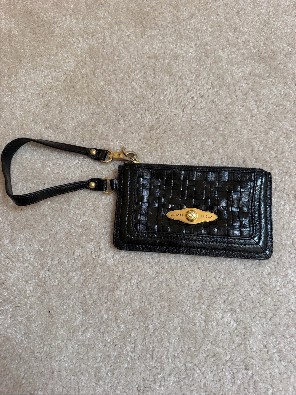 Elliott Lucca Black Woven Leather Wristlet with Gold Plate